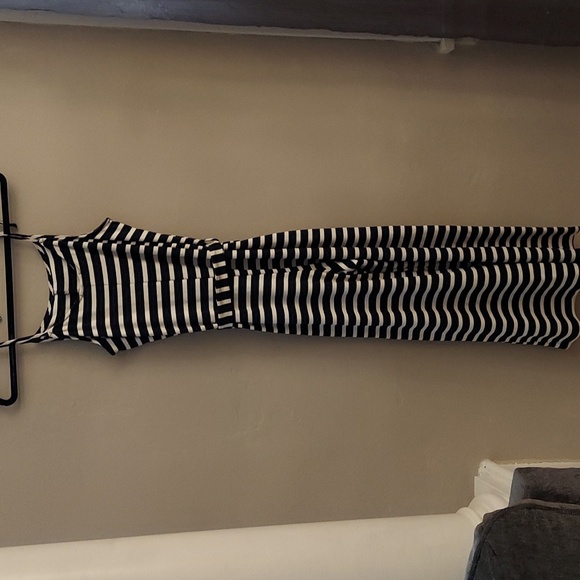 MONTEAU Navy and White Striped Sleeveless Jumper With Waist Sash - Picture 9 of 11